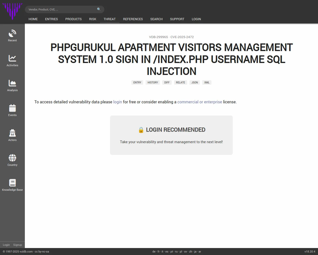 CVE-2025-2472 PHPGurukul Apartment Visitors Management System Sign In index.php sql injection