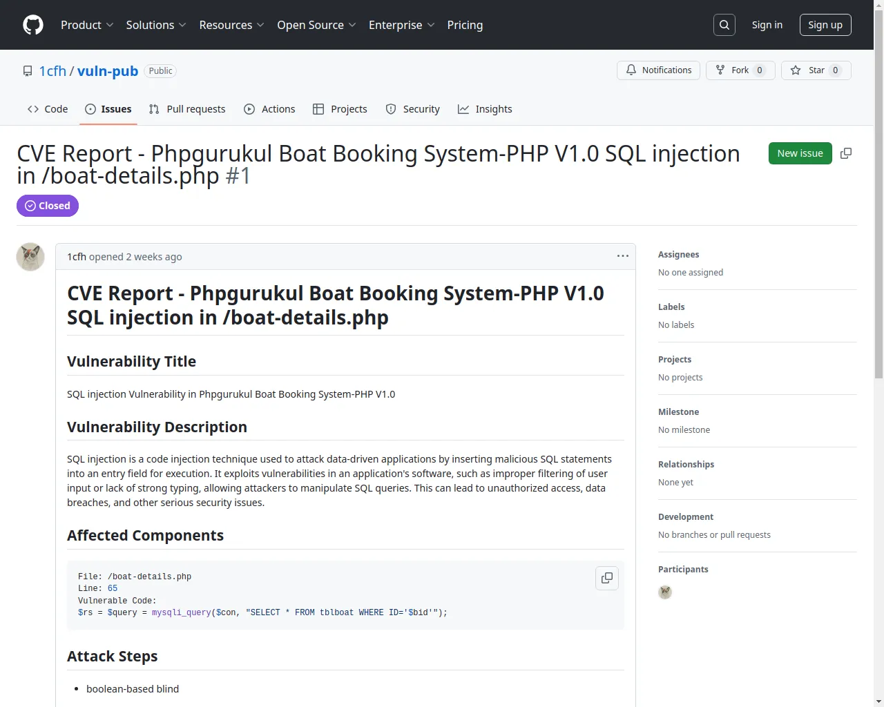 CVE Report - Phpgurukul Boat Booking System-PHP V1.0 SQL injection in /boat-details.php · Issue #1 · 1cfh/vuln-pub