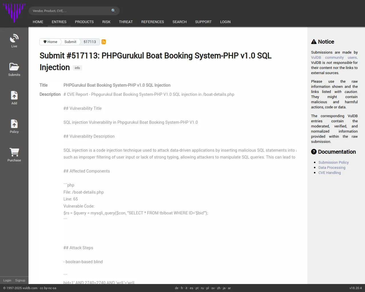 Submit #517113: PHPGurukul Boat Booking System-PHP v1.0 SQL Injection