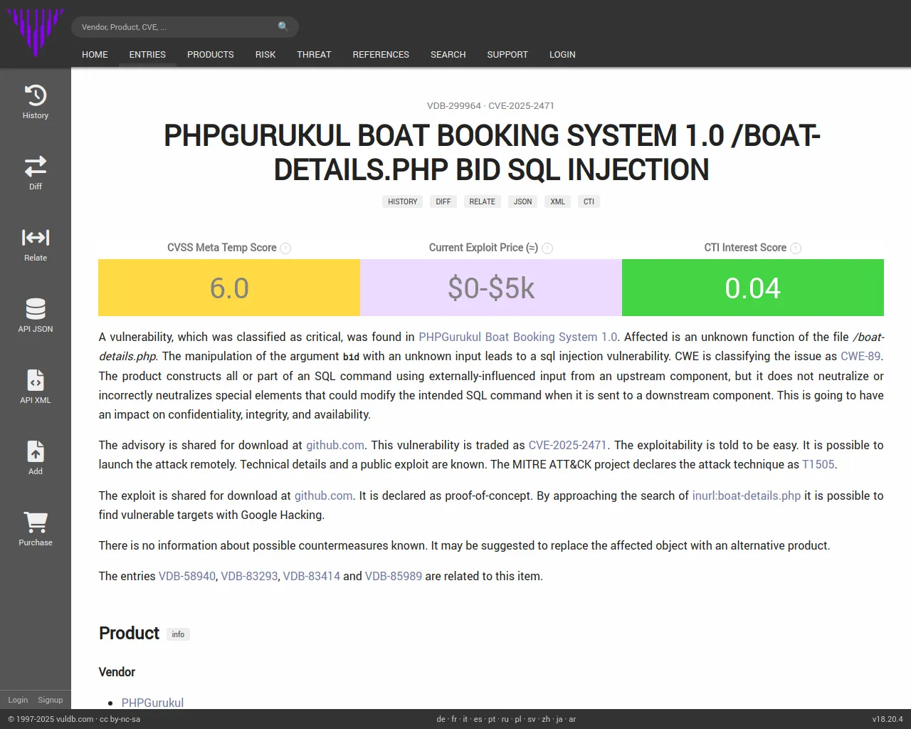 CVE-2025-2471 PHPGurukul Boat Booking System boat-details.php sql injection