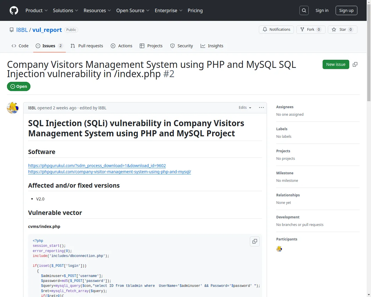 Company Visitors Management System using PHP and MySQL SQL Injection vulnerability in /index.php · Issue #2 · l8BL/vul_report