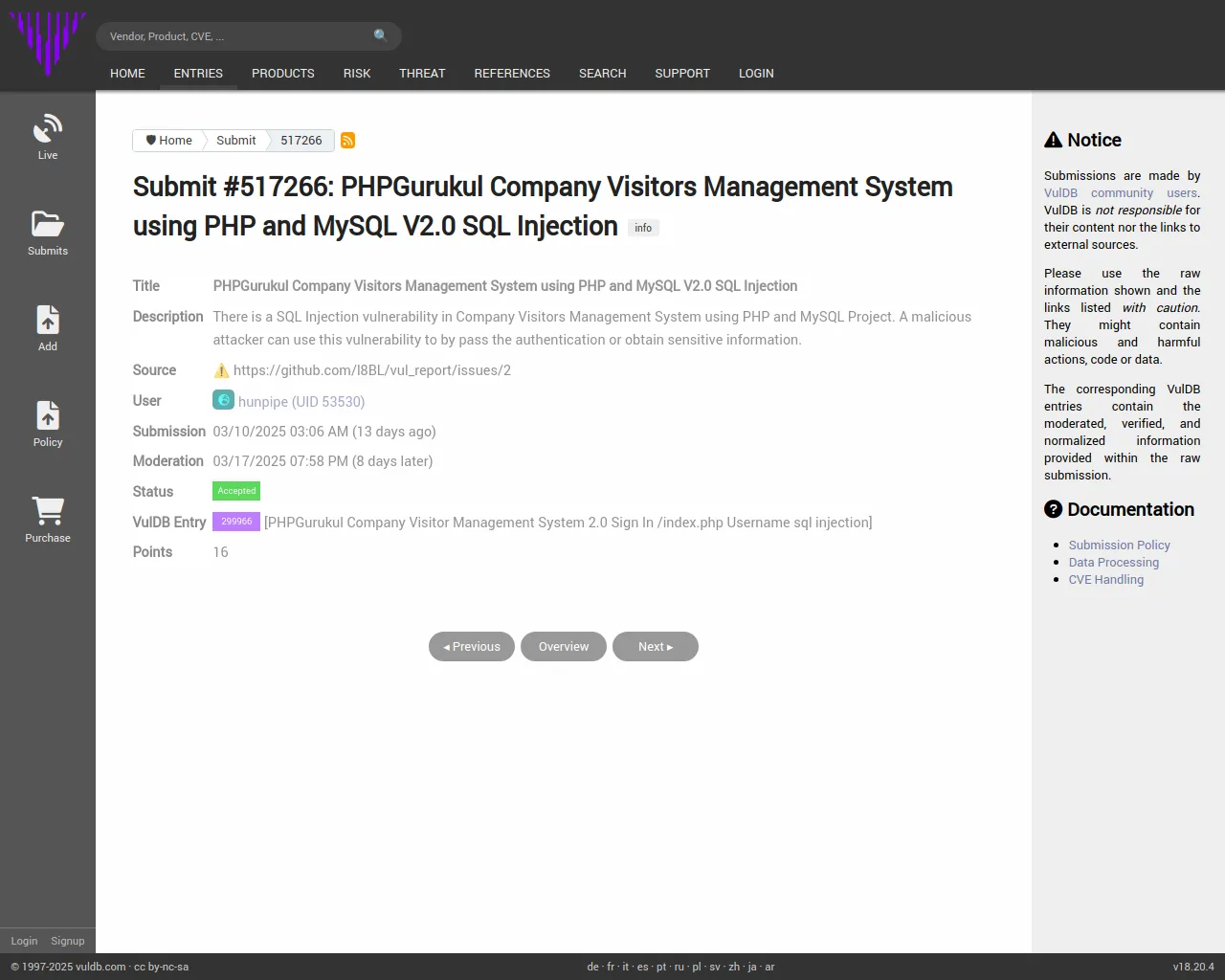 Submit #517266: PHPGurukul Company Visitors Management System using PHP and MySQL V2.0 SQL Injection