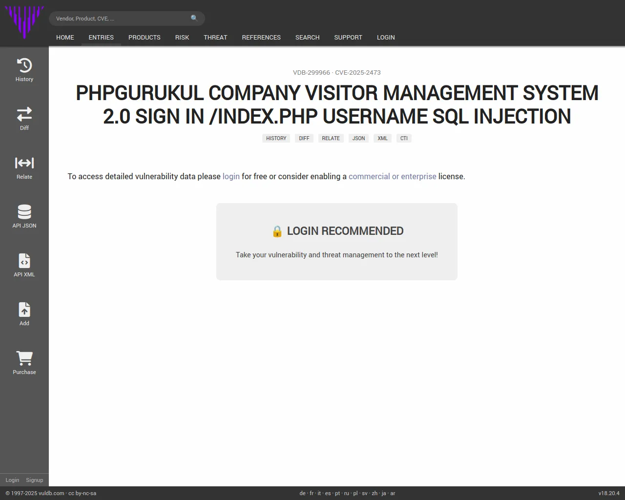 CVE-2025-2473 PHPGurukul Company Visitor Management System Sign In index.php sql injection