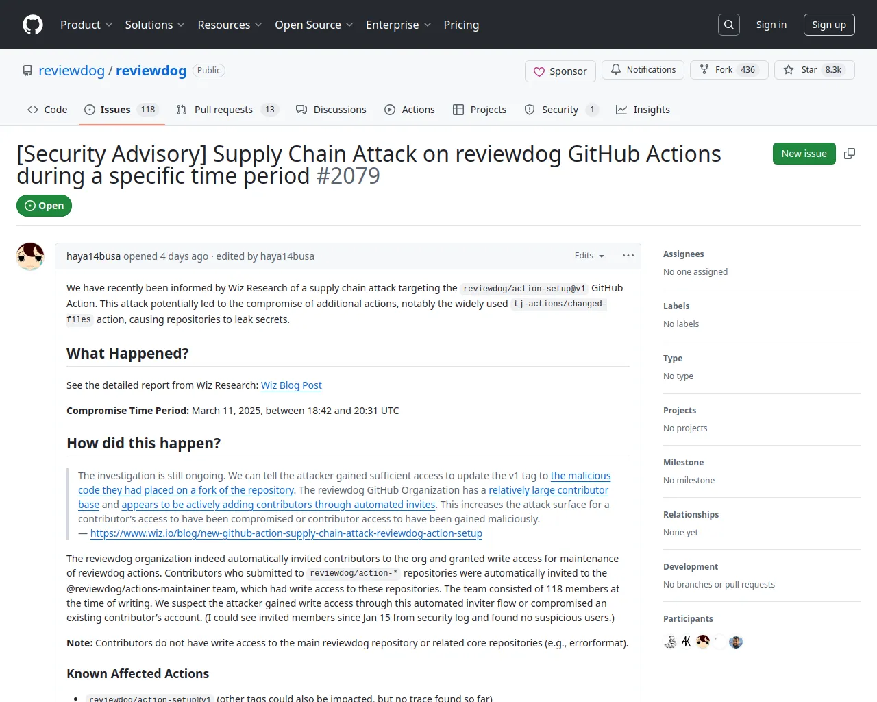[Security Advisory] Supply Chain Attack on reviewdog GitHub Actions during a specific time period · Issue #2079 · reviewdog/reviewdog