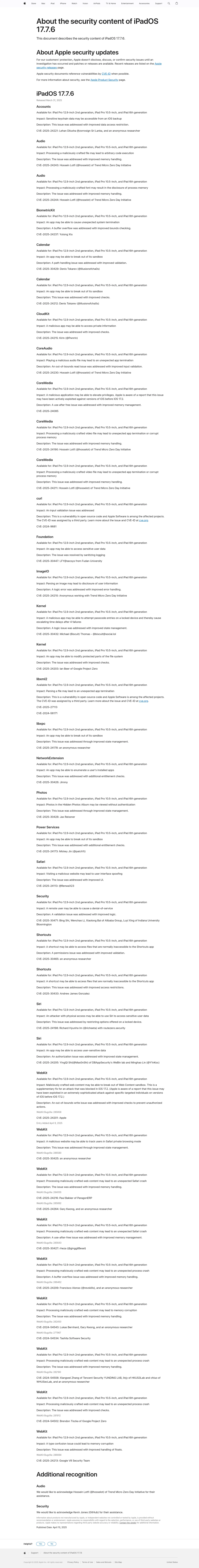 About the security content of iPadOS 17.7.6 - Apple Support