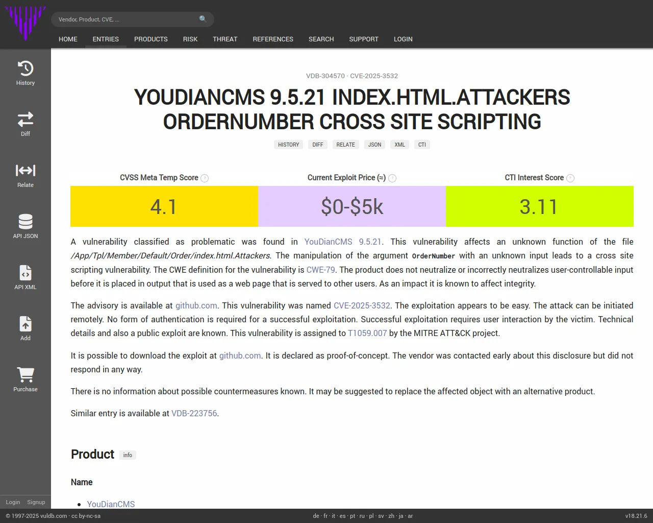 CVE-2025-3532 YouDianCMS index.html.Attackers cross site scripting