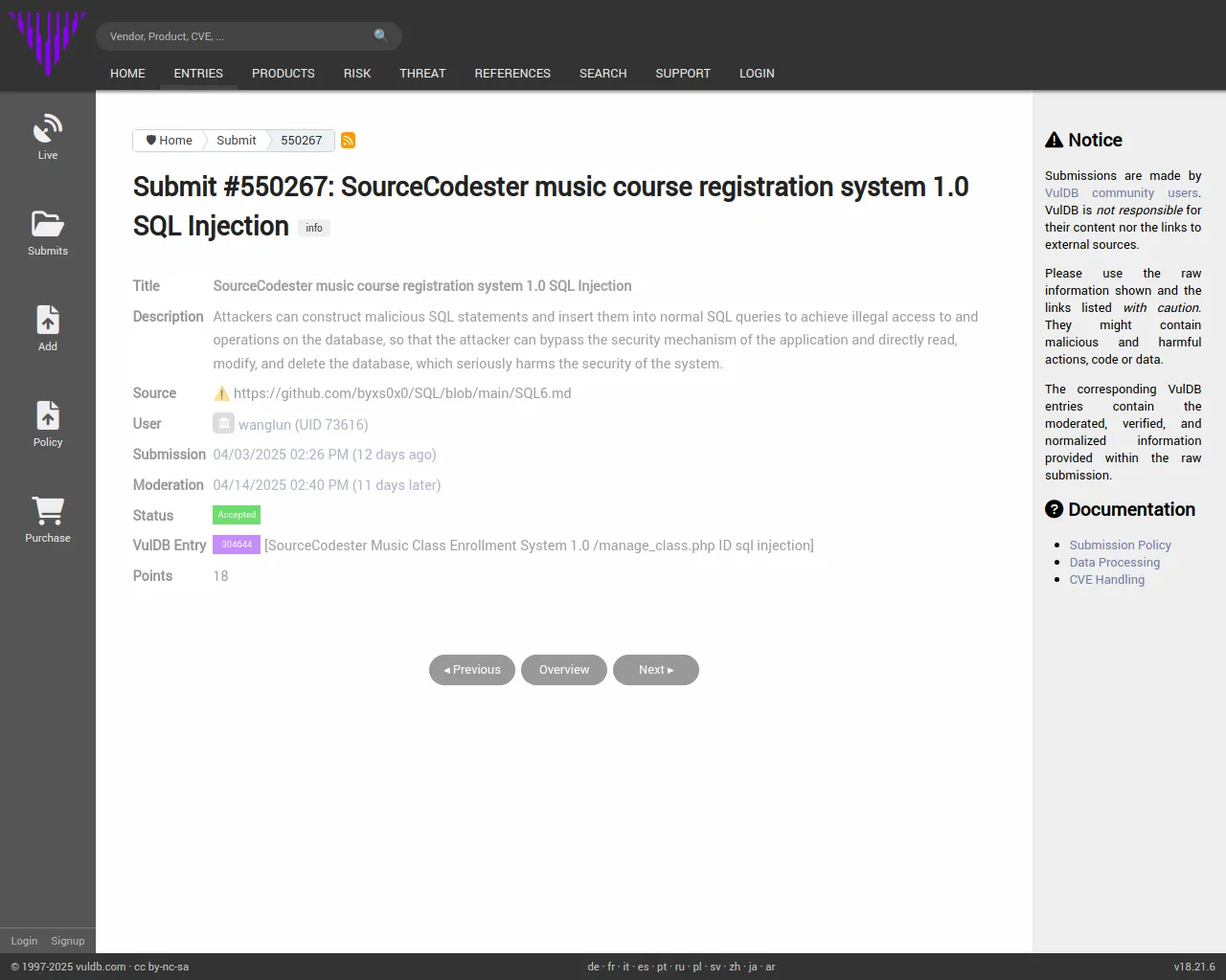 Submit #550267: SourceCodester music course registration system 1.0 SQL Injection