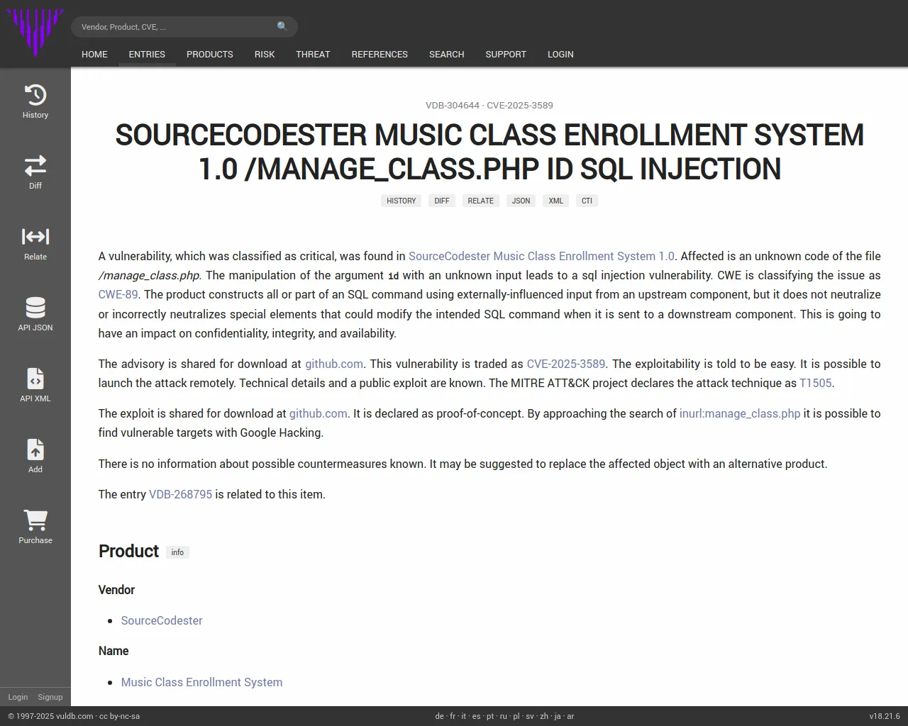CVE-2025-3589 SourceCodester Music Class Enrollment System manage_class.php sql injection