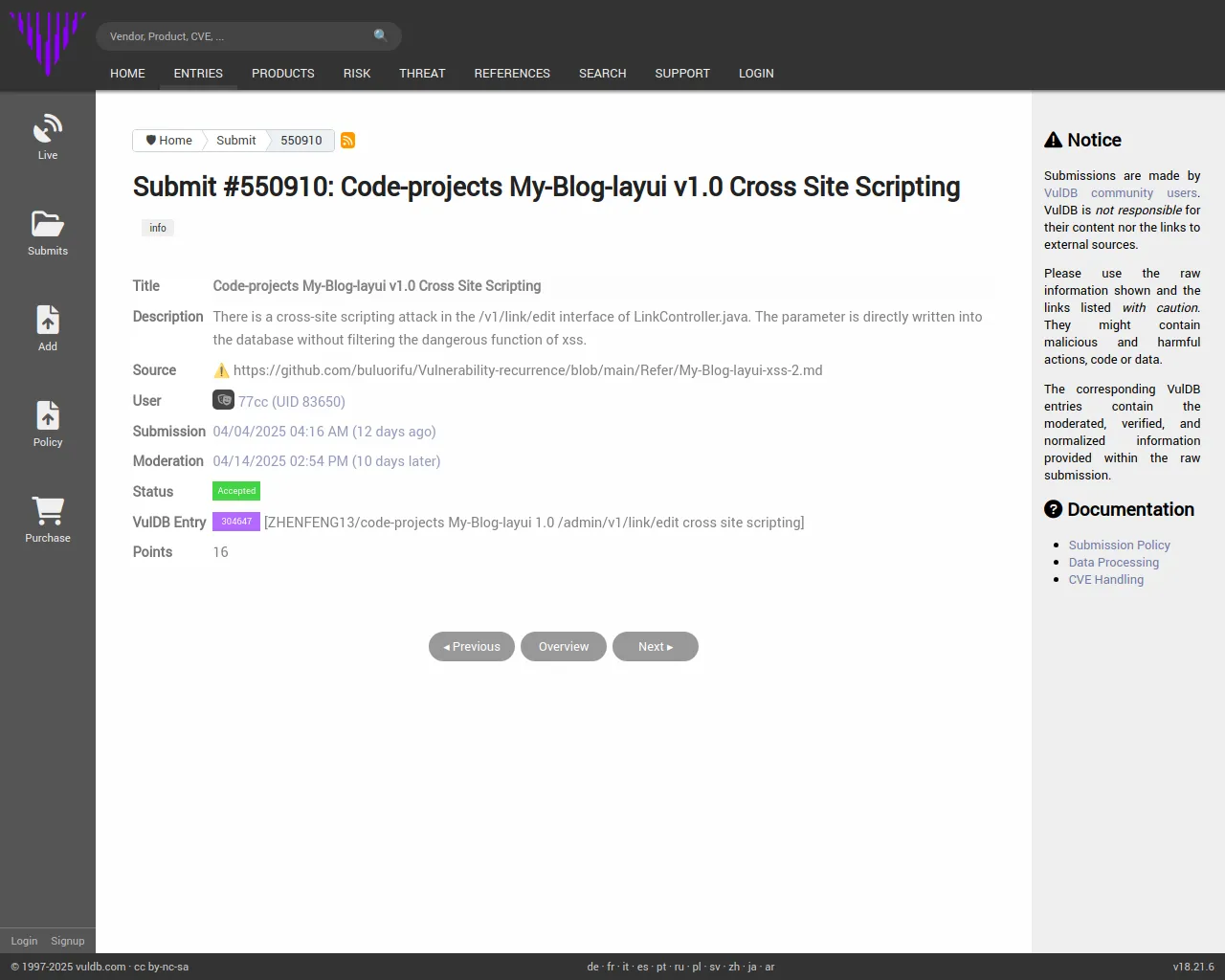 Submit #550910: Code-projects My-Blog-layui v1.0 Cross Site Scripting