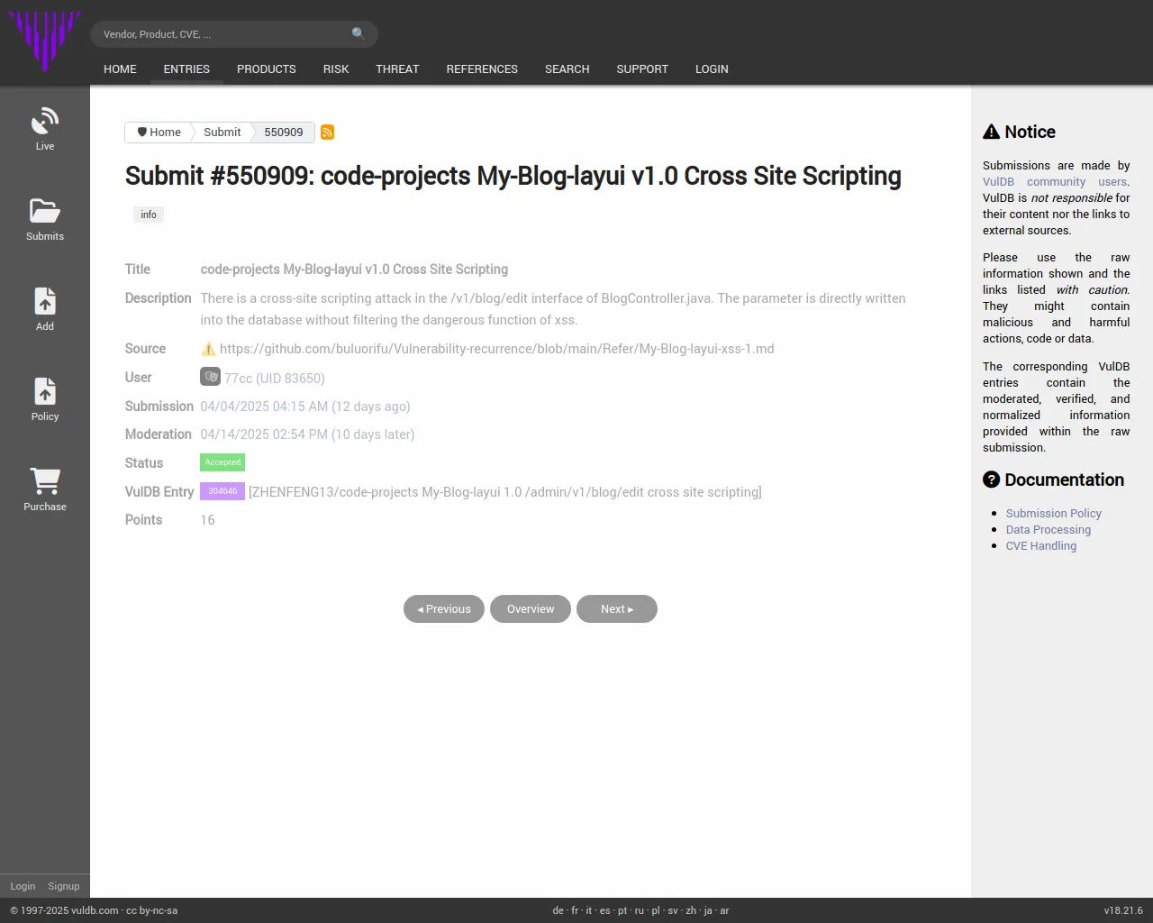 Submit #550909: code-projects My-Blog-layui v1.0 Cross Site Scripting