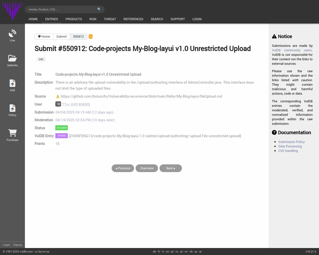 Submit #550912: Code-projects My-Blog-layui v1.0 Unrestricted Upload