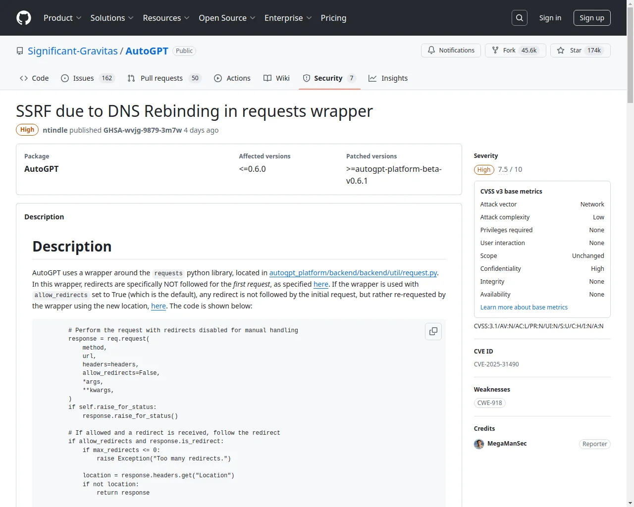 SSRF due to DNS Rebinding in requests wrapper · Advisory · Significant-Gravitas/AutoGPT · GitHub