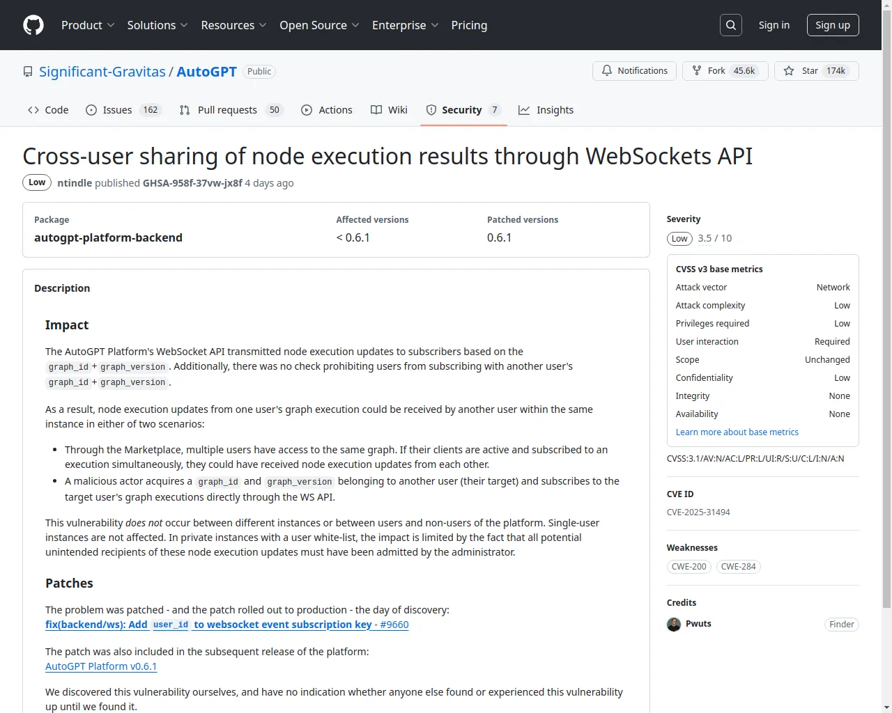 Cross-user sharing of node execution results through WebSockets API · Advisory · Significant-Gravitas/AutoGPT · GitHub