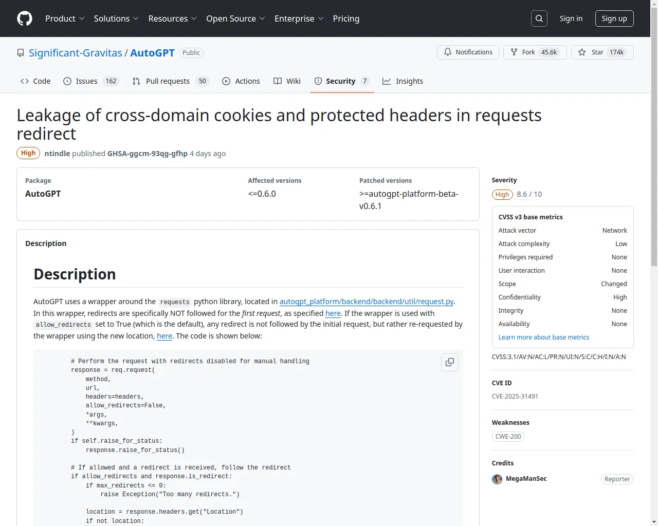 Leakage of cross-domain cookies and protected headers in requests redirect · Advisory · Significant-Gravitas/AutoGPT · GitHub