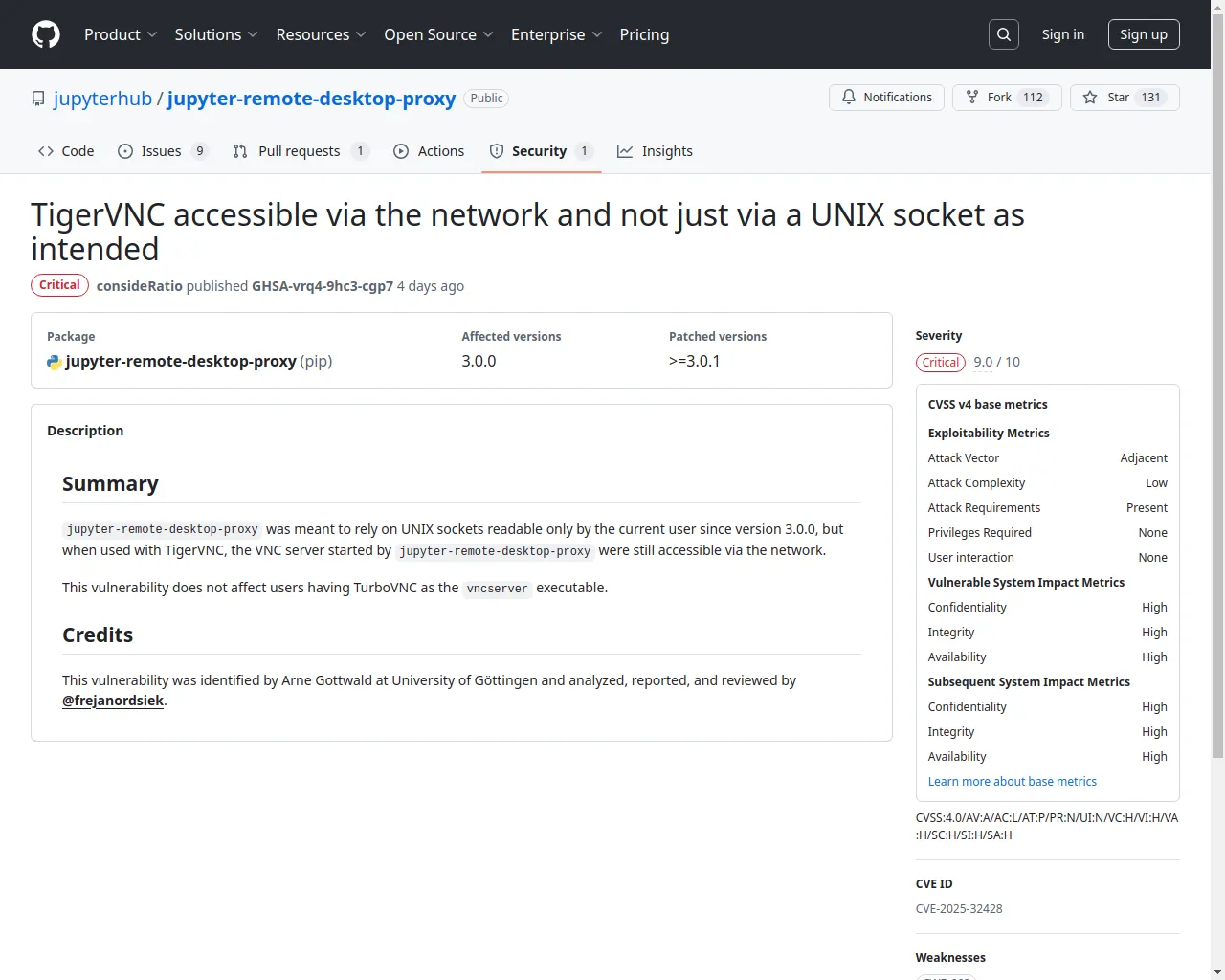 TigerVNC accessible via the network and not just via a UNIX socket as intended · Advisory · jupyterhub/jupyter-remote-desktop-proxy · GitHub