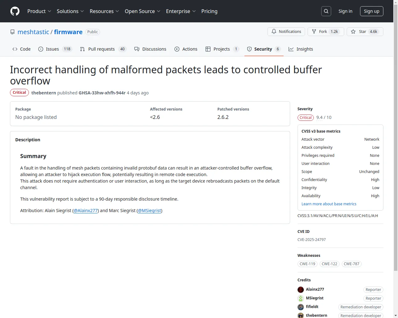 Incorrect handling of malformed packets leads to controlled buffer overflow · Advisory · meshtastic/firmware · GitHub