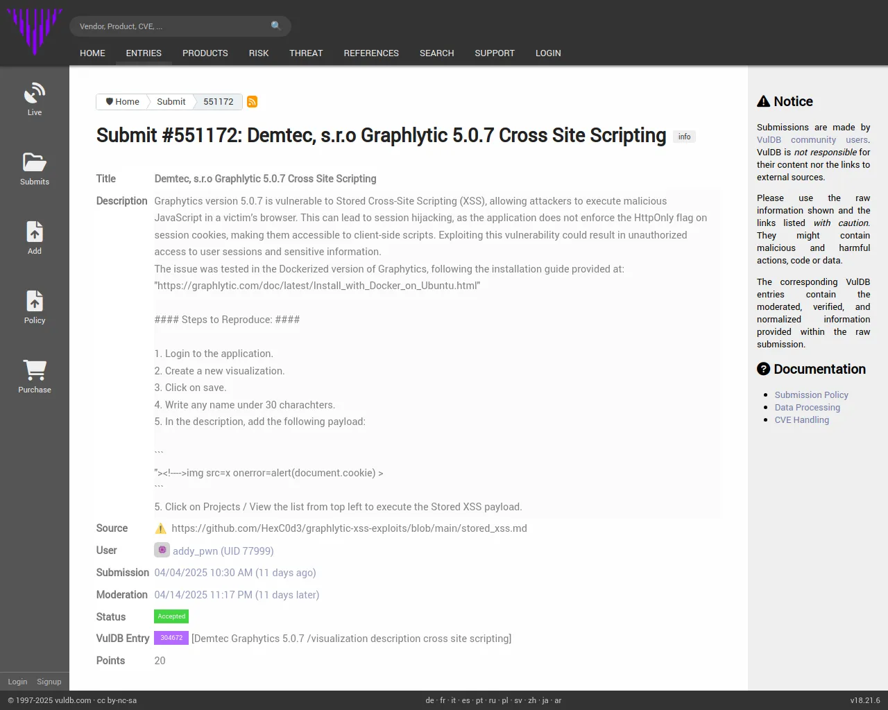 Submit #551172: Demtec, s.r.o Graphlytic 5.0.7 Cross Site Scripting